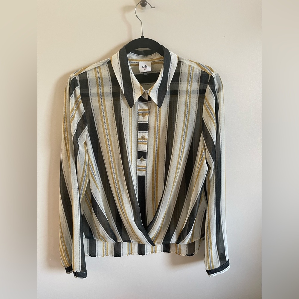 NWT CAbi Black, Ivory ,Gold Striped Caliber Blouse Sheer Chiffon Top  Women’s M